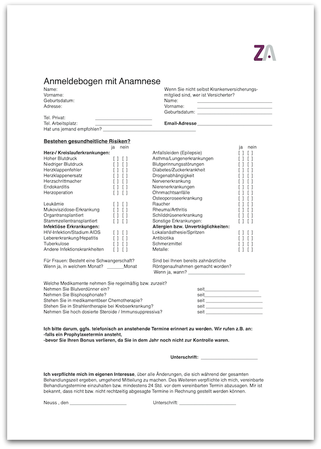 Anmeldebogen Zahnarztpraxis Dr. Ioanna Anders, Neuss-Norf